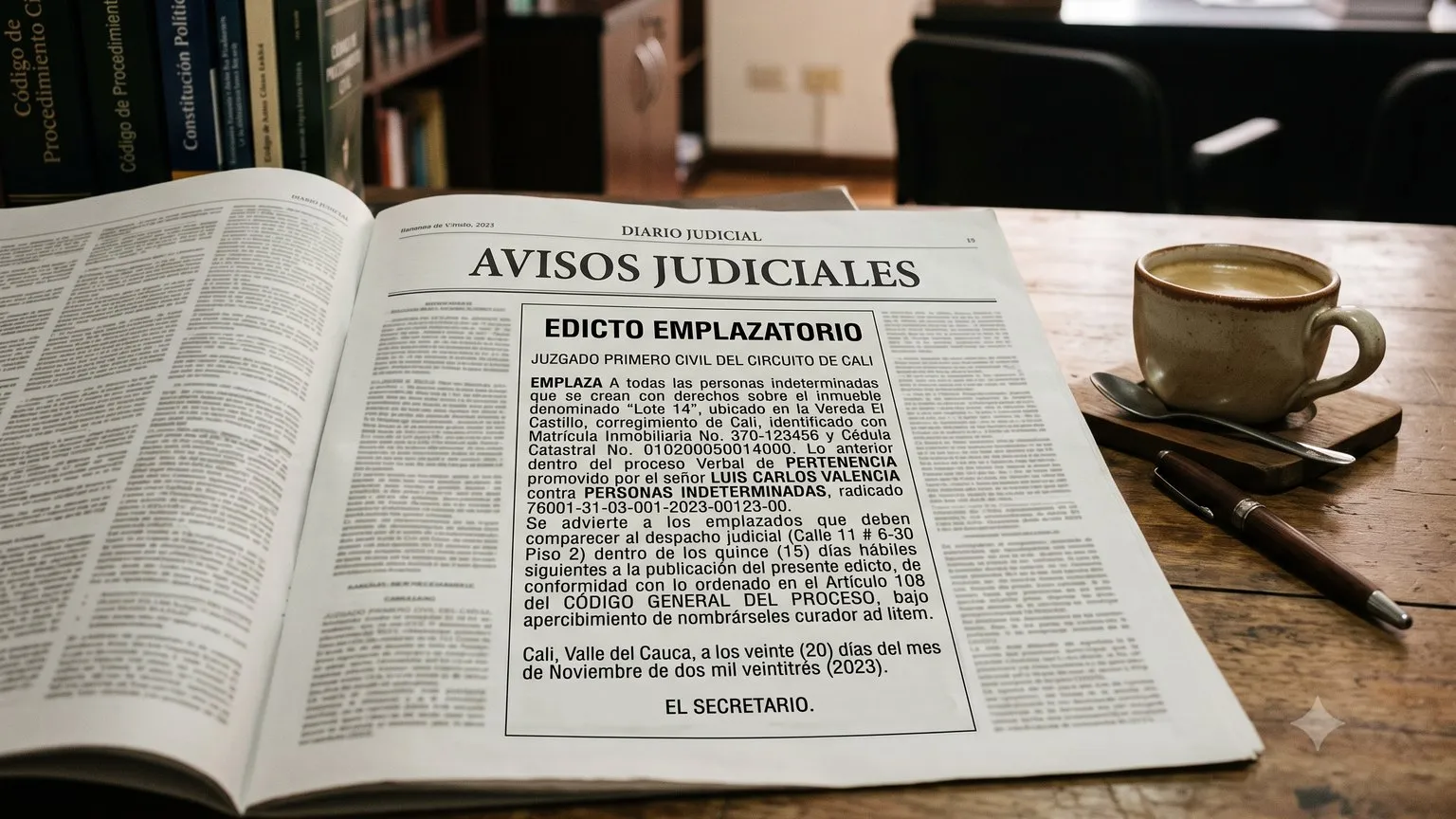Sección de avisos judiciales de un periódico con un edicto emplazatorio publicado