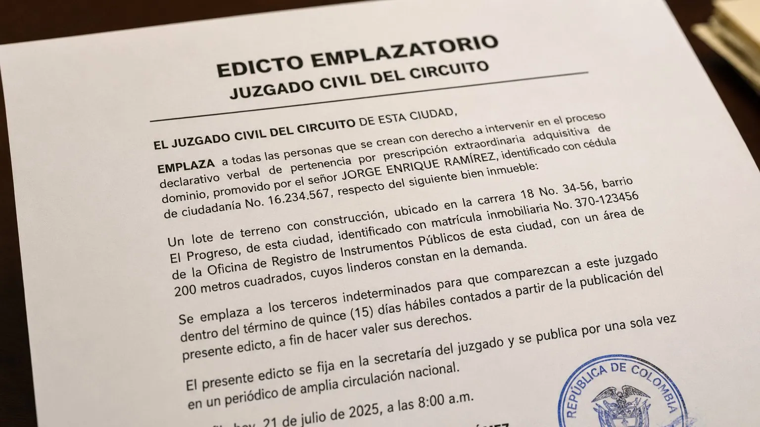 Ejemplo ilustrativo de un edicto emplazatorio de un juzgado civil del circuito