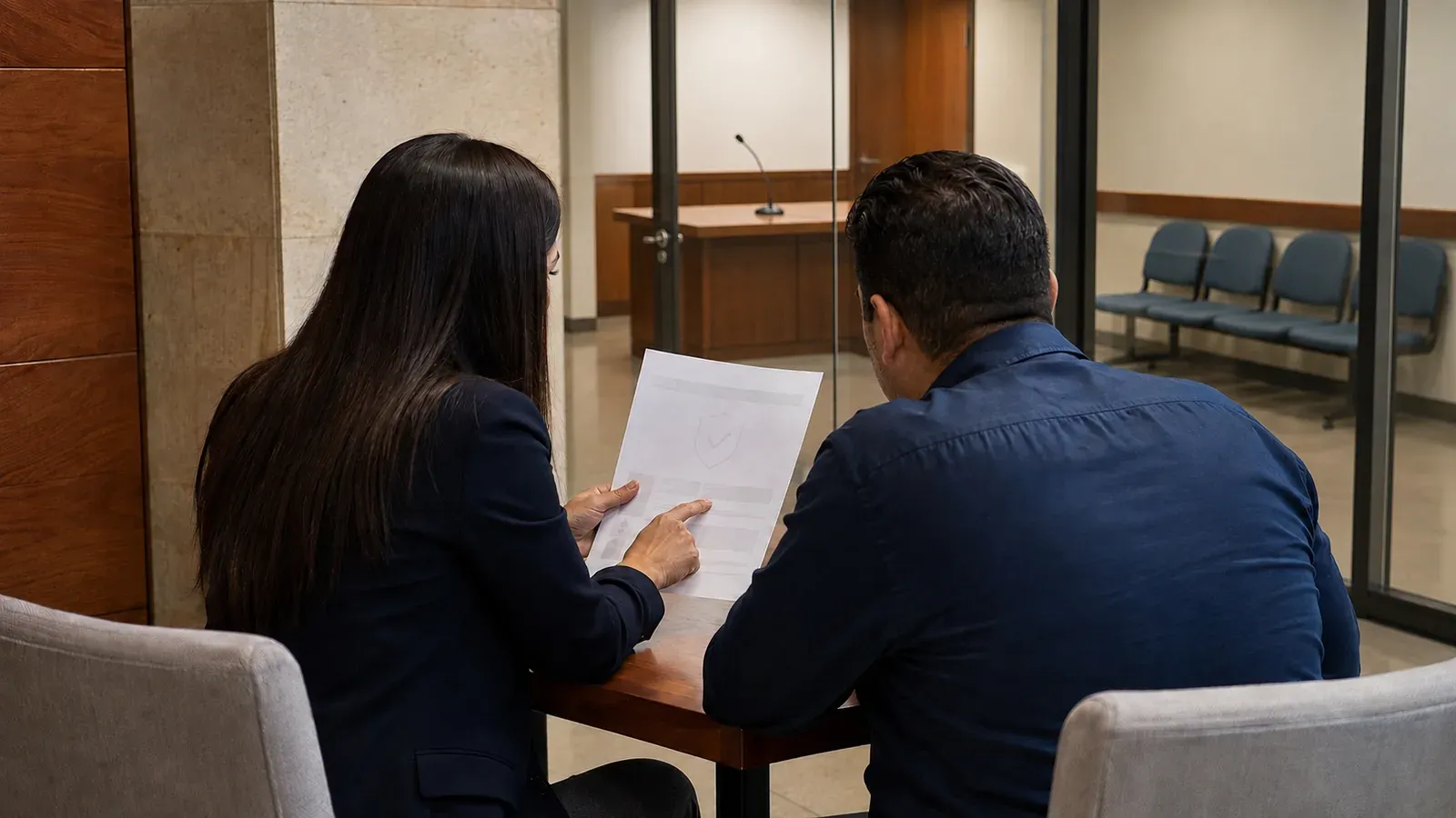 Escena ilustrativa de una profesional explicando una póliza judicial a un cliente frente a una sala de audiencias