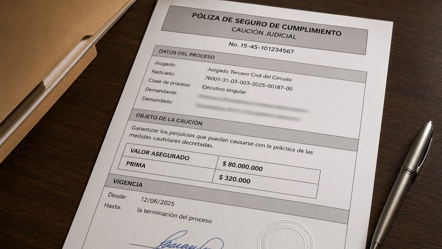 Ejemplo ilustrativo de una póliza de cumplimiento para caución judicial, con los datos del proceso y vigencia hasta la terminación del proceso
