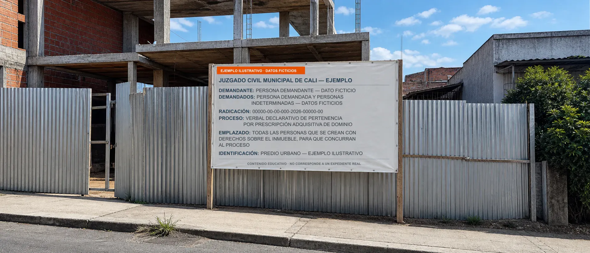 Ejemplo ilustrativo con datos ficticios de una valla para proceso de pertenencia instalada frente a un predio urbano