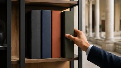 Cuatro expedientes ilustrativos representan distintas clases de pólizas judiciales mientras una persona selecciona uno
