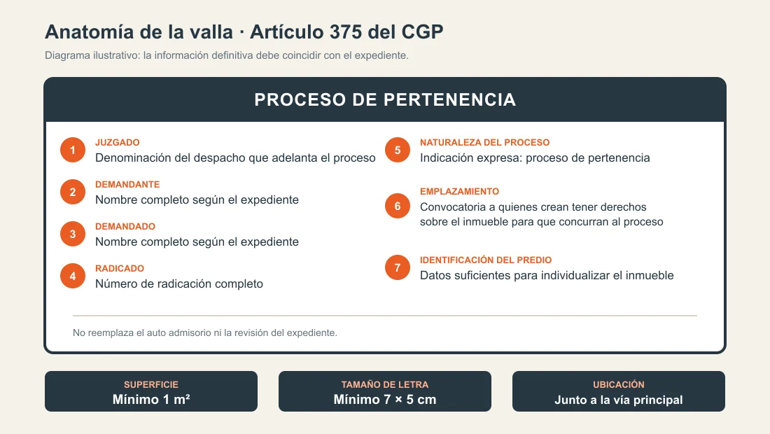 Diagrama con los siete datos obligatorios, la superficie mínima y el tamaño de letra de una valla de pertenencia