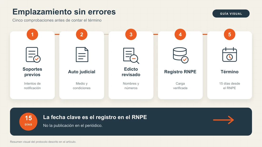 Guía visual de cinco comprobaciones para gestionar un emplazamiento judicial sin errores
