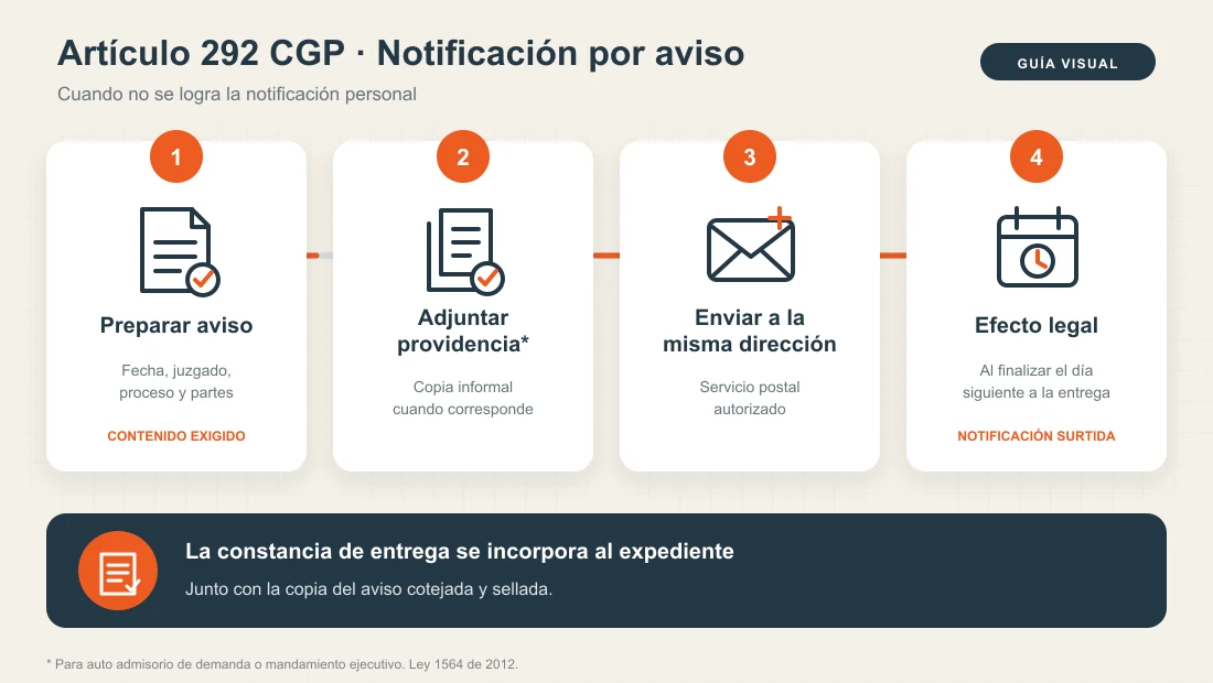 Guía visual del Artículo 292 del CGP: preparación del aviso, copia informal, envío y efecto legal al día siguiente
