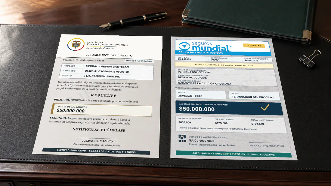 Ejemplo ilustrativo con datos ficticios que compara el valor de la caución ordenada con el valor asegurado de una póliza de Seguros Mundial