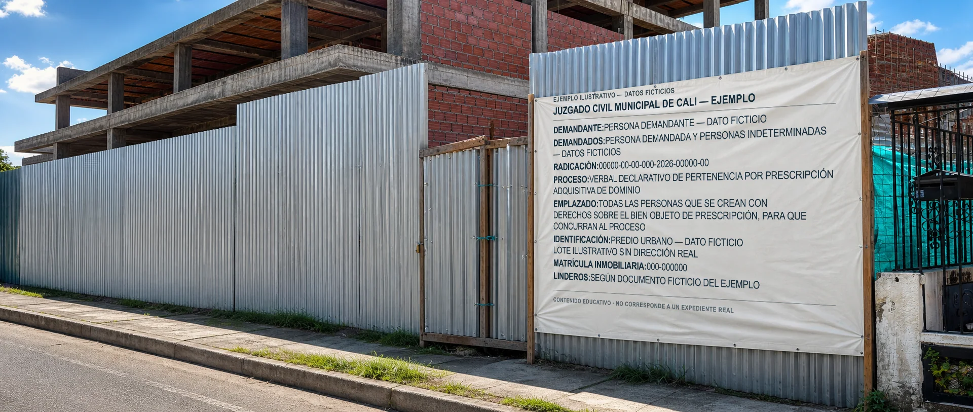 Recreación ilustrativa de una valla para proceso de pertenencia instalada en un predio, con datos ficticios